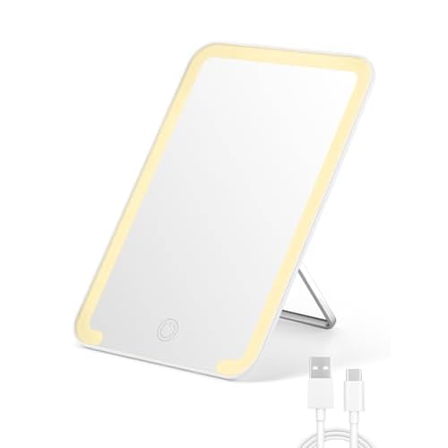 Qislee Travel Makeup Mirror with Lights, 3 Color Modes, 8 x 5 inches Desk Mirror with Foldable Stand, Touch Dimming, Perfect Travel Accessory, White