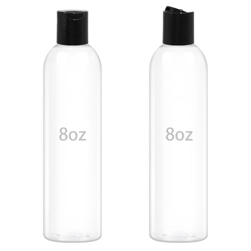 2 Pack 8 oz Plastic Squeeze Bottles with Black Disc Caps Refillable Clear Empty Containers Travel Bottles for Toiletries Conditioner Shampoo Lotions Gels