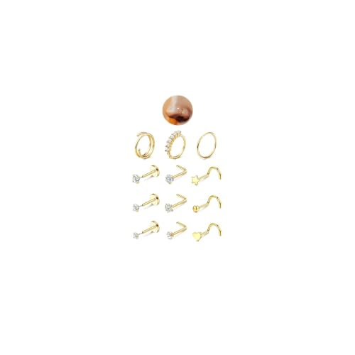 JeryWe 14K Gold Plated Nose Ring Set - Hypoallergenic Stainless Steel Hoop with CZ Lip Ring, L-Shaped Stud, Threadless Back
