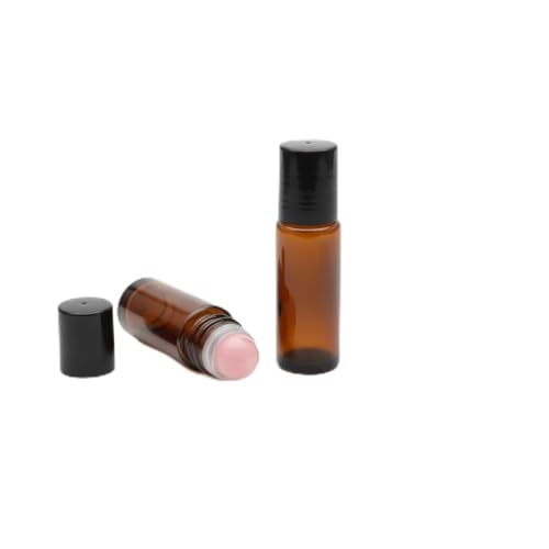 2 Pcs 1.7oz Amber Glass Roll On Bottles with Jade Roller Balls | Leak-Resistant Design for Essential Oils, Perfume & DIY Deodorant | Refillable, Includes Funnel & Opener (50ML Pink)