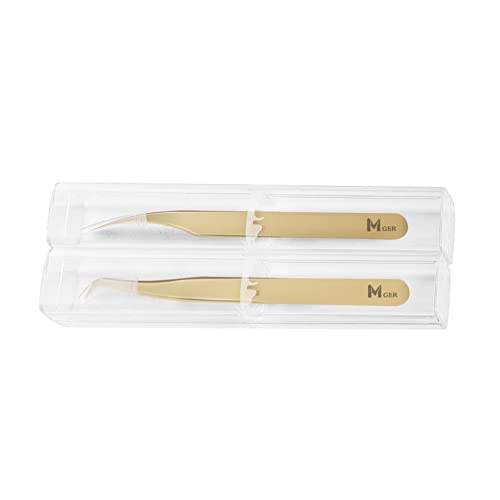 MGER Lash Tweezers for Eyelash Extensions, Hand Calibrated Dolphin-shaped & Curved Tip, False Lash Application Tools, Pack of 2, Gold