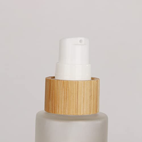 COSIDEA 6 pcs Empty 2oz / 60ml bamboo lids Frosted glass bottle with lotion pump dispenser, refillable emulsion cosmetic cream bottles, toiletries refill travel container
