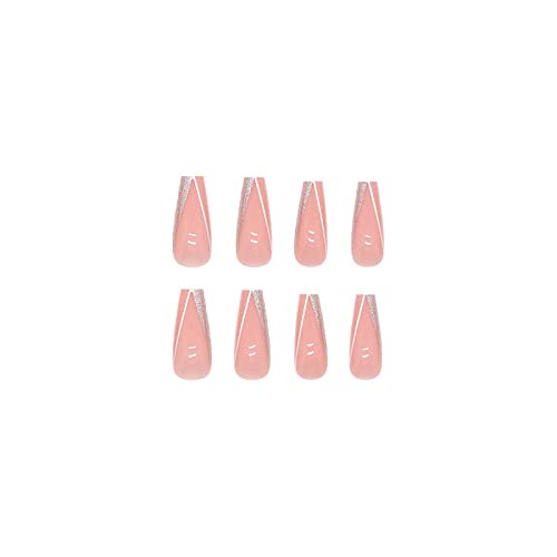 MISUD Long Press on Nails Coffin Fake Nails French Tip False Nails Glitter Glue on Nails Ballerina Acrylic Nails Pink Artificial Nails with Design for Women and Girls 24Pcs