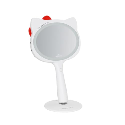 Impressions Vanity Hello Kitty LED Handheld Makeup Mirror with Magnetic Ball Standing Base, Velvety Soft Touch Finish, Ultra Bright Adjustable Brightness, Portable Lighted Mirrors for Travel and Home