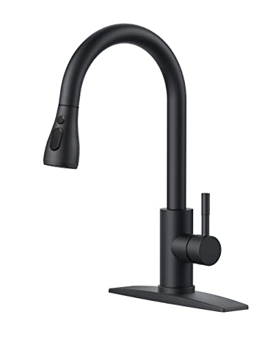 FORIOUS Kitchen Faucet with Pull Down Sprayer, Brushed Black, High Arc Single Handle, Deck Plate, RV Stainless Steel, 1.8 GPF