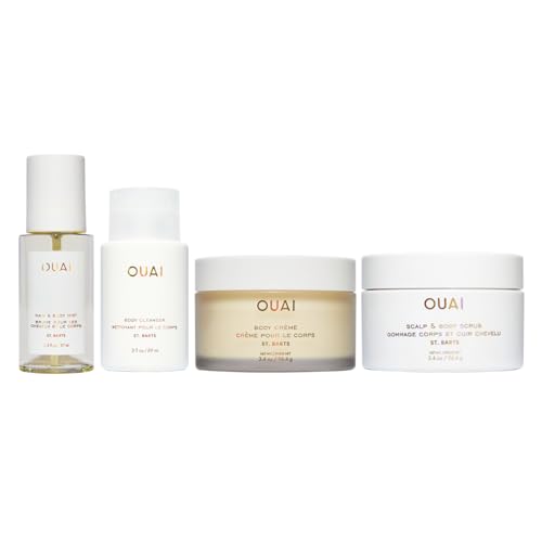 OUAI St. Barts Travel Bundle – Body Scrub, Shower Gel, Hydrating Cream & Hair & Body Mist (4 count, travel sizes)