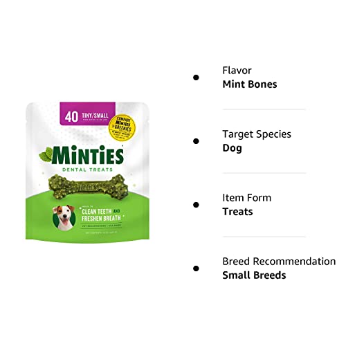 Minties Dental Chews for Dogs, 40 Count, Vet-Recommended Mint-Flavored Dental Treats for Tiny/Small Dogs 5-24 lbs, Dental Bones Clean Teeth, Fight Bad Breath, and Removes Plaque and Tartar