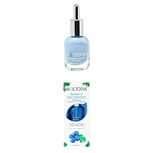 Nailtopia Strengthening Manicure Kit - Plant-Based, Chip Free Nail Lacquer in Bali Baby, Blueberry Nail Treatment - Powder Blue Polish Shade - Conditioning Superfood Oil Treatment - 2 pc