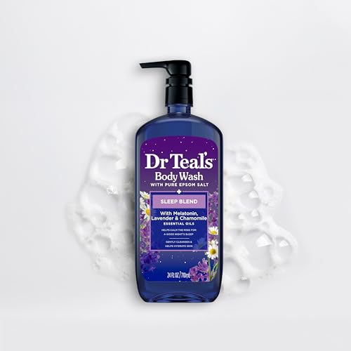 Dr Teal's Body Wash with Pure Epsom Salt, Sleep Blend with Melatonin, Lavender & Chamomile Essential Oils, 24 fl oz (Pack of 4) (Packaging May Vary)