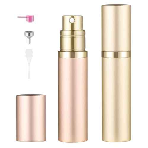 2PCS Perfume Travel Refillable Bottle, 5ml Cologne Travel Bottle, Atomizer Sprayer for Perfume, Mini Cologne Dispenser Empty Fragrance Spray for Women, Men, Gift (Cham Gold & Rose Gold)