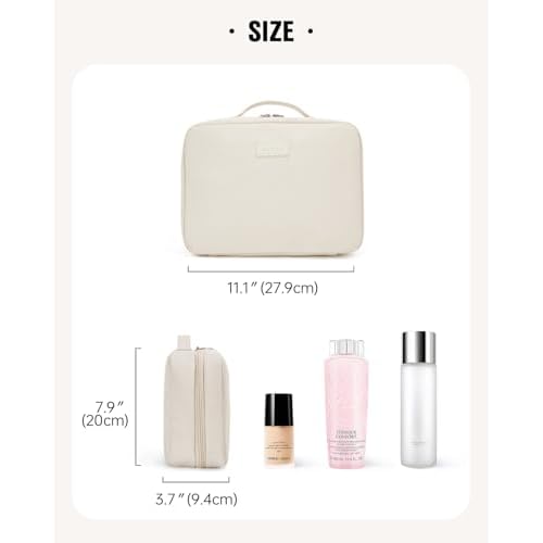 EACHY Toiletry Bag with Hanging Hook, Travel Makeup Bag PU Leather Cosmetic Bags for Women Make Up Organizer with 4 Compartments Waterproof Full-Size Portable Travel Essentials (Beige)