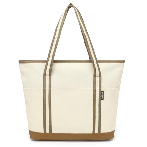 Large Canvas Tote Bag with Zipper & 3 Pockets