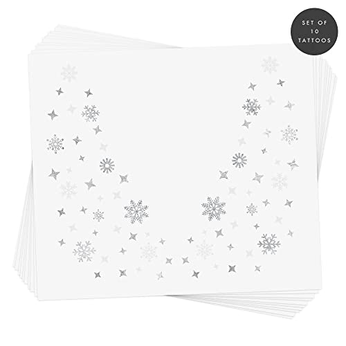 SNOWFLAKE EYE JEWEL set of 10 premium waterproof metallic silver and white snowflake temporary jewelry foil face Flash Tattoos - Party Favors, Party Supplies, Holiday parties, snow, winter party