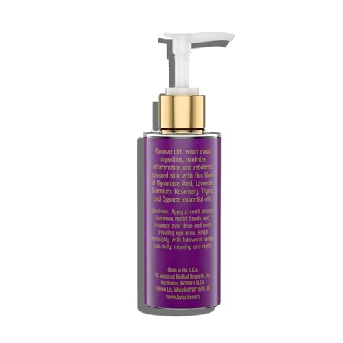 Hylunia Facial Cleansing Gel, Hydrating Cleanser & Makeup Remover w/Hyaluronic Acid, Organic Lavender & Plant Extracts. Deep Cleans, Balances Skin, Soothes Acne-Prone Skin. Sulfate Free. 5.1 fl. oz.