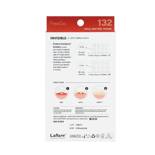 FreeGo Invisible+ Hydrocolloid Spot Pimple Patches for Face, Large Patches for Breakouts, Zit, Blemish Spot, Facial Stickers, Korean Pimple Patches (132 Counts)