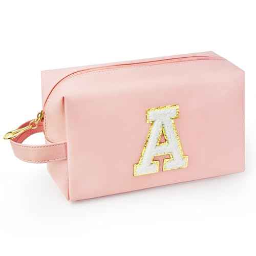 Personalized Initial Makeup Bag with Handle, Preppy Cosmetic Bag with Inner Zipper Pocket, 8 9 10 11 12 13 14 Years Old Girl, Graduation Gifts for Teen Girls Women Teachers (A, Pink)