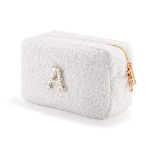 Personalized Initial Travel Makeup Bag, Makeup Bag Travel Cosmetic Bag, Sherpa Teddy Pearl Letters A