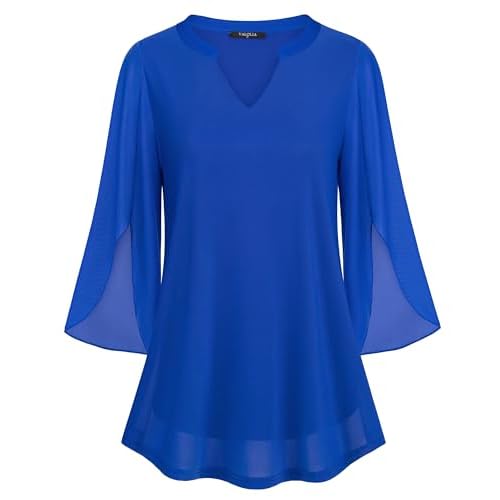 VALOLIA Women's 3/4 Sleeve Floral Tunic Tops V Neck Double Layers Loose Fit Mesh Blouses Shirt
