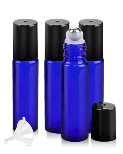Blue Refillable 10ml Essential Oil Roller Bottles - 4 Pack with Funnel