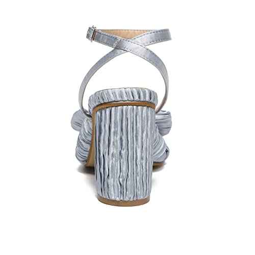 Athlefit Women's Open Toe Chunky Heels Pleated Bow Ankle Strap Heeled Sandals Wedding Bridal Shoes