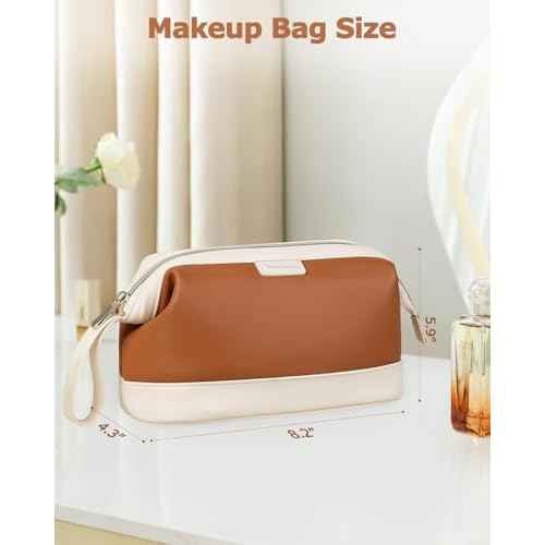 Wedama Makeup Bag Gift for Women, PU Leather Cosmetic Bag Wide Open Make up Organizer Bag, Large Capacity Travel Cosmetic Bag, Makeup Case with Handle for Women Girls, Brown