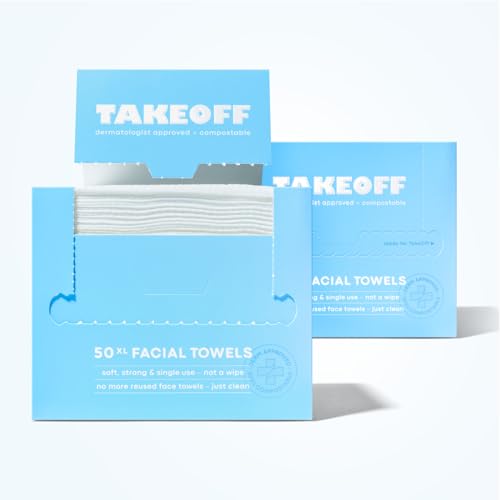 Takeoff Face Towels, 10"¡¿12" XL Face Disposable + Compostable, Ultra Soft Makeup Remover Dry Wipes, Thick Face Towel w/Dual Texture For All Skin Types incl. Sensitive, 50 Count x 2 Pack (100 total)