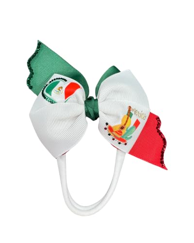 Mexican Flag Hair Bow for Girls - 2nd Edition Red/Green/White Rhinestone Clip