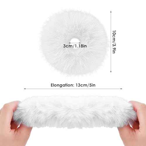 Lusofie 2Pcs White Pompom Hair Tie Furry Faux Rabbit Fur Fuzzy Scrunchies White Fuzzy Hair Ties Baby Hair Ties Ponytail Holders Pom Hair Accessories for Girl Women