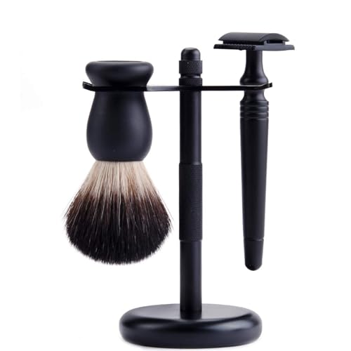 Shaving Razor Kit Double Edage Safety Razor 2 Layers Stainless Steel Shaving Mug Shaving Soap Cream Synthetic Shaving Brush Heavy Chrome Shaving Stand Black Shaving Razor Gift for Men