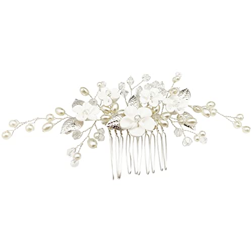 White Flower Bridal Hair Comb with Pearls & Rhinestones