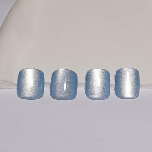 Stbisen M02-Aurora Mist Light Blue Press On Nails – Short Cat Eye Square 30pcs