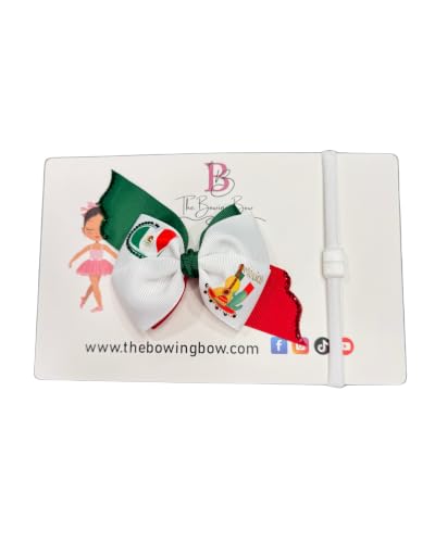 Mexican Flag Hair Bow for Girls - 2nd Edition Red/Green/White Rhinestone Clip