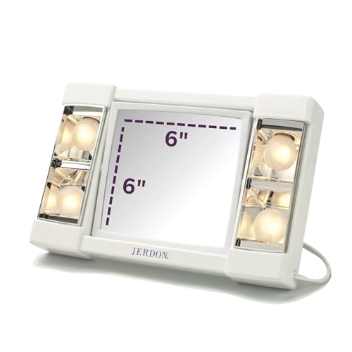 JERDON Two-Sided Makeup Mirror with Lights - Vanity Mirror with 3X Magnification & Glare-Free Lighting - White Base - Model J1010