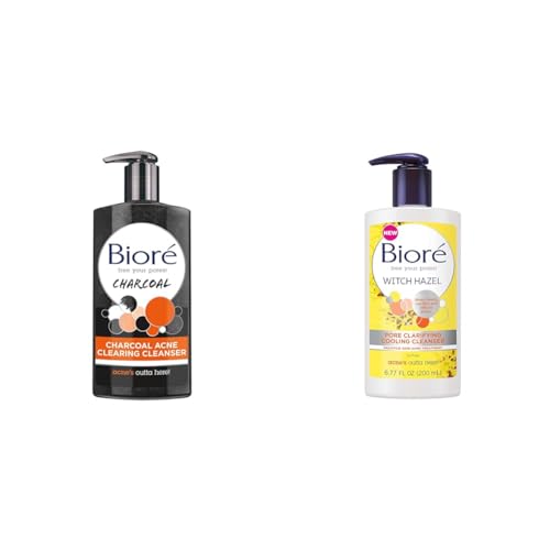 Bioré Charcoal Acne Cleanser, Salicylic Acid Treatment & Bioré Witch Hazel Pore Clarifying Acne Face Wash, Exfoliating Facial Cleanser, 2% Salicylic Acid Acne Treatment for Acne Prone, Oily Skin