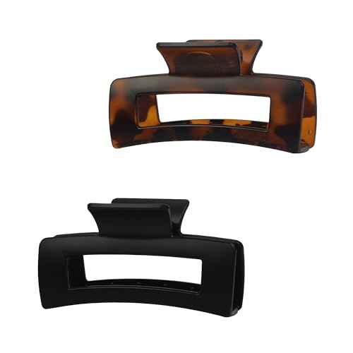 Claw Clip for Women, 4.3" Large 360¡Æ Grip Butterfly Spring Hair Clip, Matte Claw Clips 2 Pack - Strong Hold Rectangle Clips, Durable for Thick Hair, Black & Tortoise