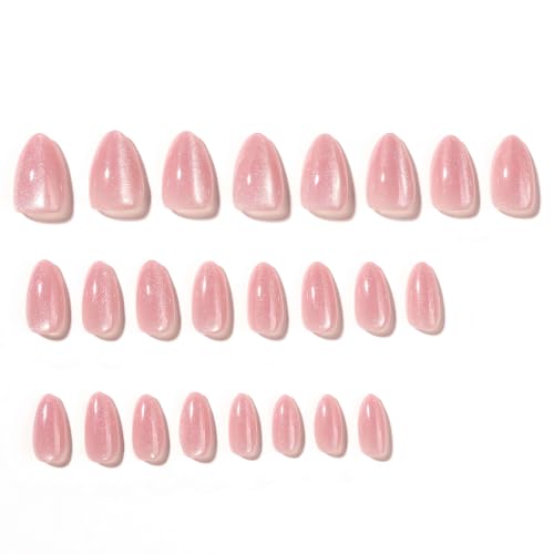 Stbisen Pink Pearl Glow Short Almond Press On Nails - Model 93, Reusable, Glossy Chrome Shimmer, Wedding & Daily Wear, 24pcs