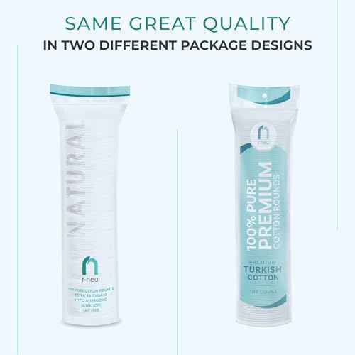 R-Neu 300 Count Premium [Turkish] Cotton Rounds, Stitched, Waffle Textured, 100% Pure & Natural Cotton Pads for Face, Hypoallergenic Makeup Remover (Packaging May Vary)