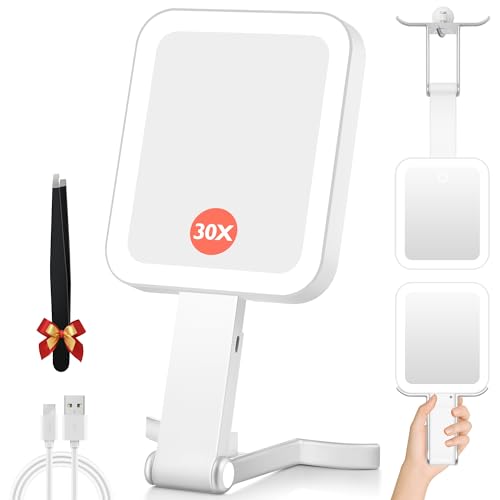GOMIPURU 30X Double-Sided Magnifying Travel Mirror with Light