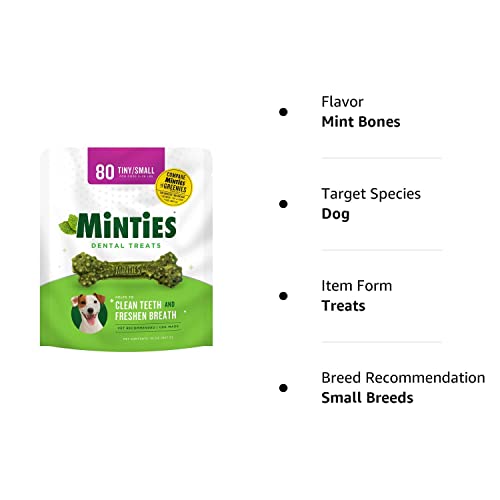 Minties Dental Chews for Dogs, 80 Count, Vet-Recommended Mint-Flavored Dental Treats for Tiny/Small Dogs 5-24 lbs, Dental Bones Clean Teeth, Fight Bad Breath, and Removes Plaque and Tartar