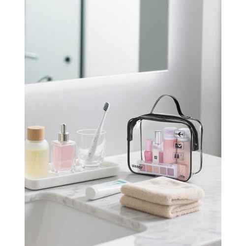 WANDF TSA Approved Toiletry Bag, 2 Packs Travel Clear Toiletry Bag, Quart Size Makeup Cosmetic Pouch with Zipper, Carry-On Airport Compliant Bag for Women and Men (2 pcs, Black with Handle)