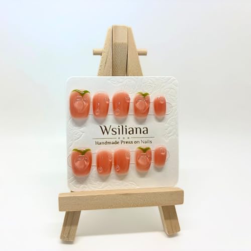 Wsiliana Summer Fruit Acrylics Nails Handmade Press On Nail Short Squoval Reusable Long Lasting Wear Fake Tip 3D Design Art Charms Cute with Storage Box 10 Pcs (050 S)