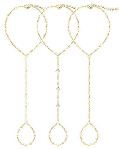 3Pcs 14K Gold-Plated Hand Chain Bracelets for Women