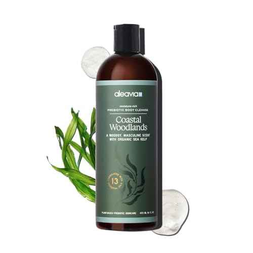 Aleavia Coastal Woodlands Mens Body Cleanse ? Organic & All-Natural Prebiotic Body Wash for Men, Woodsy Notes Scented with 13 Essential Oils, ? Nourish Your Skin Microbiome ? 16 Oz.