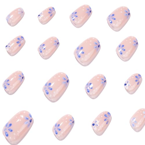UZJXQ Short Oval Press-On Nails Nude Base with Blue Floral & Polka Dot Design – 24Pcs Style-1