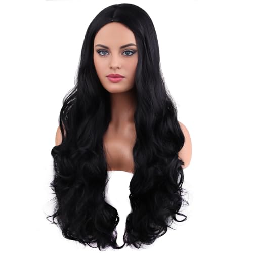 RightOn Long Wavy Black Wig for Women - Heat-Resistant 26"