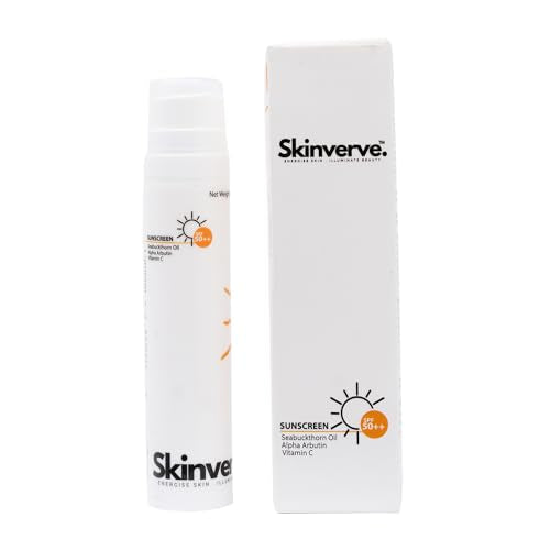 SKINVERVE Broad Spectrum Sunscreen SPF 50++++ 50g | UVA/B Protection with Seabuckthorn Oil, Alpha Arbutin & Vitamin C | Fragrance-Free | For All Skin Types |