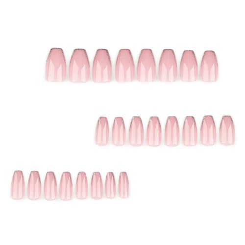 Coffin Press on Nails Short Gold French Tip Fake Nails Press ons Light Pink Full Cover Glue on Nails Glitter Sequins Designs False Nails Glossy Artificial Acrylic Nails for Girls 24Pcs