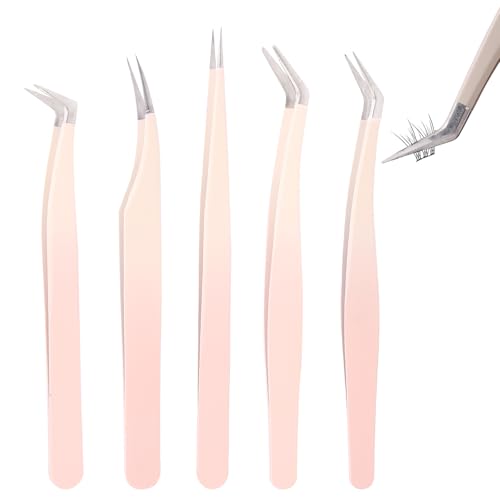 5 Pcs Eyelash Extension Tweezers Set - Straight & Curved Precision Lash Tweezers for Professionals & Beginners