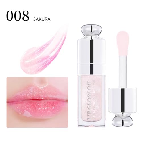 Plumping Lip Oil,Hydrating Gloss Tinted Lip Balm Transparent Lip Care,Big Brush Head Glitter Shine,Long Lasting Nourishing Non-sticky Fresh Textureand Dry Lips Lip Care Products0.2 OZ(008# SAKURA)