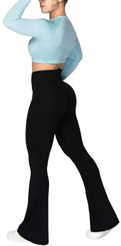 Sunzel Flare Leggings, Crossover Yoga Pants with Tummy Control, High-Waisted and Wide Leg, 34" Inseam, Light Blue Large